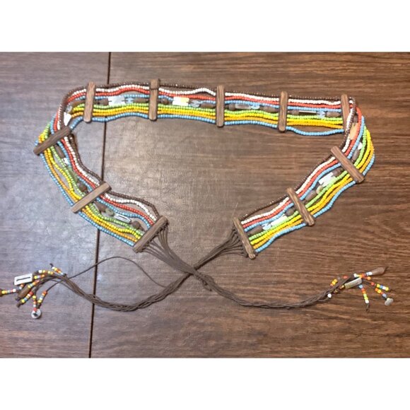 Vtg Boho Retro Tribal Multicolored Seed Beads Belt Woven Cord 60" Length - Picture 1 of 8